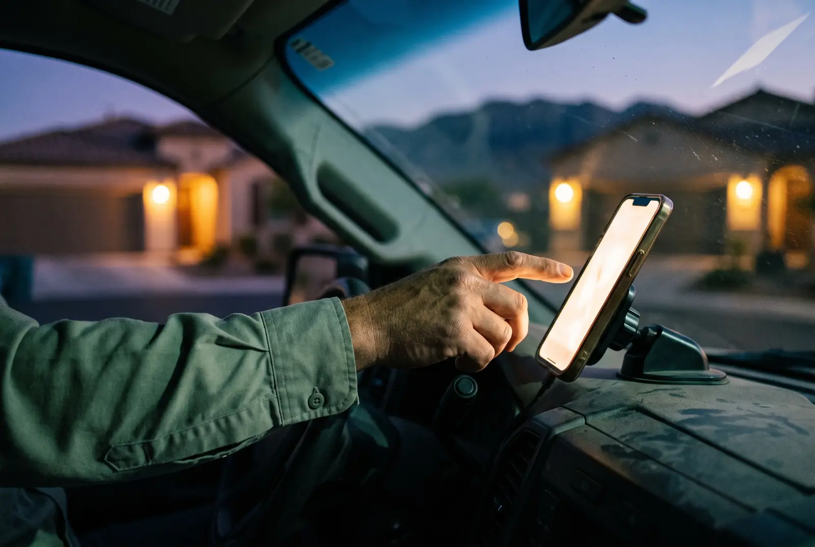 A technician in a work truck reaching for a ringing phone at dusk in Summerlin