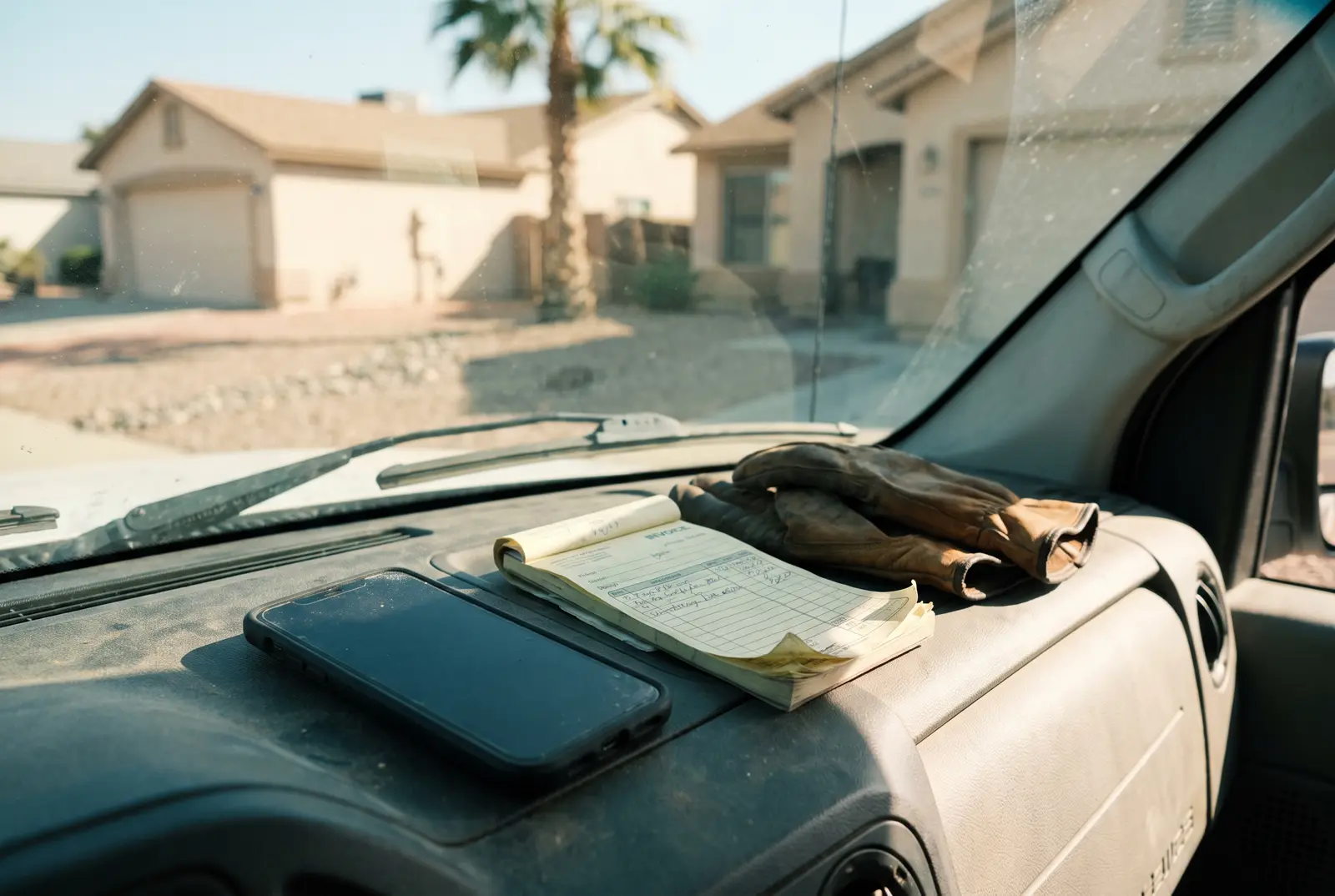 A silent phone on the dashboard of a work van parked on a Henderson street